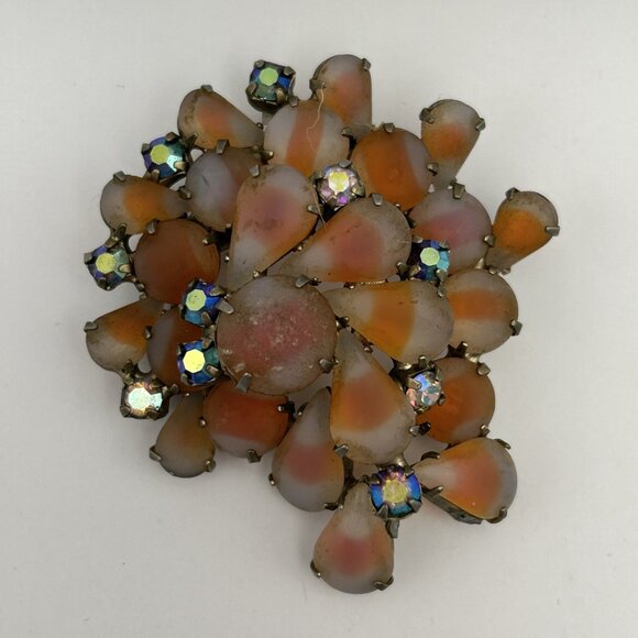 Vintage 1950s Orange Givre Glass Cabochon Arora Borealis Rhinestone Brooch - Picture 8 of 15